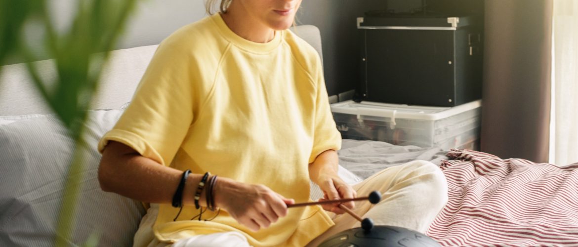 Mental health mindfullness wellbeing and balance concept. Sounds therapy. Women health. Tank drum