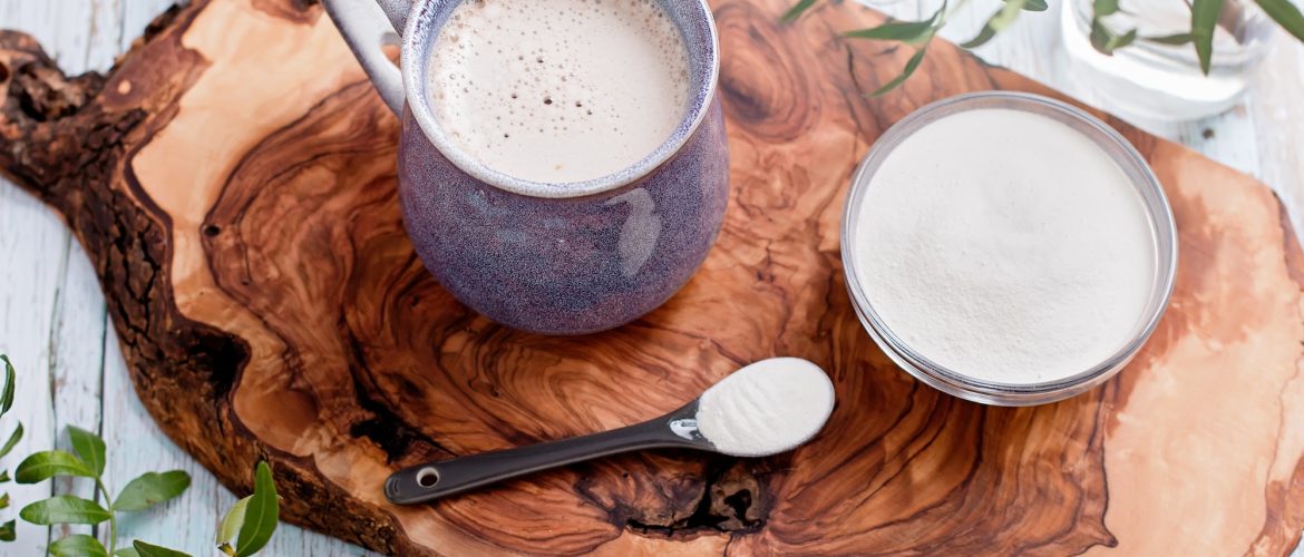 Mug with coffee and collagen powder, Beauty collagen supplement, additional collagen intake